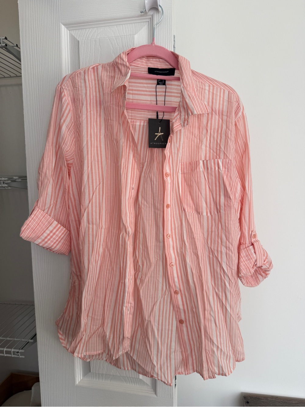 NWT Atmosphere Coral Pink & White Striped Button Shirt, %100 cotton size 6